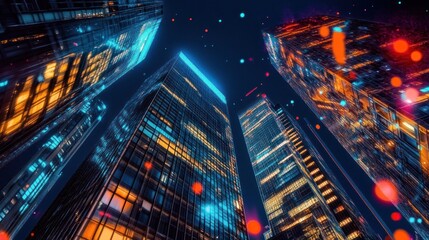 Abstract futuristic cityscape with illuminated skyscrapers and digital particles