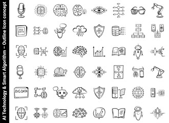 Technology and Smart Algorithm – Outline Icons. Collection of AI technology and smart algorithm outline icons in a grid format.