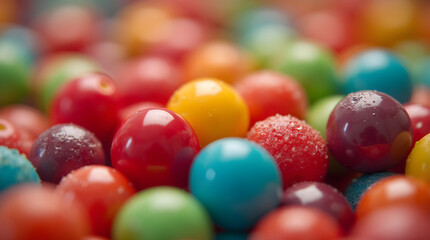 Obraz premium A close-up of colorful candy-coated gumballs, showcasing their glossy texture and vibrant hues. The macro shot captures the sweet details, evoking a sense of fun, nostalgia, and sugary delight.