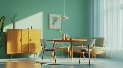 Mint Green Chairs & Wooden Table in Scandinavian Living Room Interior Design sofa wall home airy calm