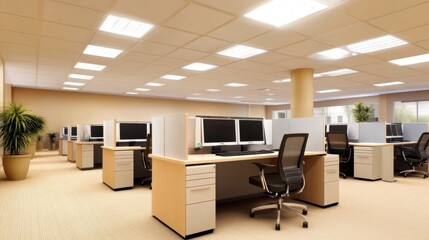 Modern office interior featuring multiple workstations, computers, and natural light