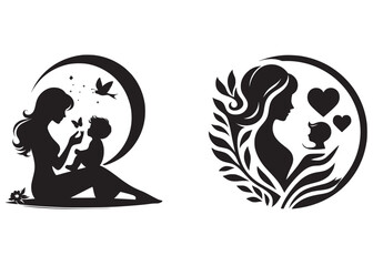 happy mothers day logo silhouette vector, mother's day vector illustration design, mothers day logo icon, woman hold her baby, mother with a son vector silhouette isolated on white background. 