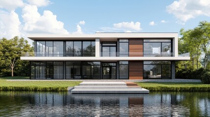 Modern house exterior with lake view. Contemporary architecture with large windows and natural light. Real estate and luxury living concept.