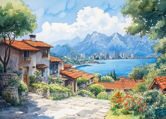 Fototapeta premium Coastal Cityscape in Vibrant Watercolor with Lush Greenery and Distant Mountains
