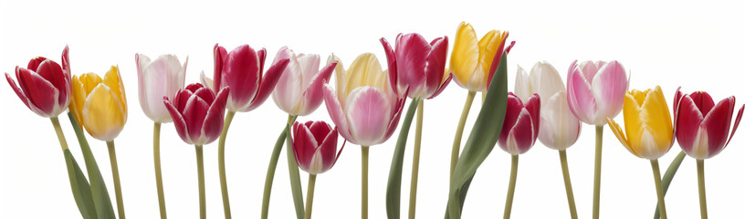 "Experience the elegance of spring.  
Vivid tulips gracefully arranged against a pure white background,  
highlighting the delicate beauty of seasonal blooms."