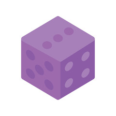 Isometric flat vector illustration of a purple six-sided die used in board games and chance-based activities