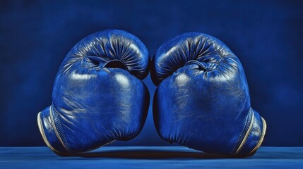 A pair of gleaming blue boxing gloves rests majestically against a solid blue backdrop, ready and eager for action, symbolizing strength, resilience, and the pursuit of victory in the world of boxing.