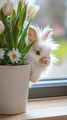 Cute Brown Rabbit Sitting in a Lush Carrot Field.