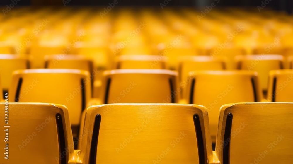 Poster rows of empty yellow chairs in a spacious auditorium with soft lighting and blurred background