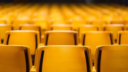 Naklejka premium Rows of empty yellow chairs in a spacious auditorium with soft lighting and blurred background