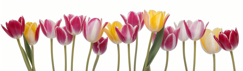 "Experience the elegance of spring.  
Vivid tulips gracefully arranged against a pure white background,  
highlighting the delicate beauty of seasonal blooms."