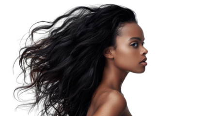 Beautiful black model showing long healthy hair flowing in the wind on transparent background
