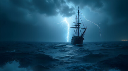  A dramatic scene of a historic sailing ship caught in a storm at sea. Lightning illuminates the dark, cloudy sky as powerful waves crash against the vessel, creating a sense of adventure and danger.