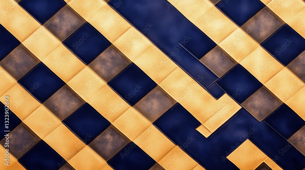 Poster abstract geometric pattern of interlocking squares in gold and navy blue tones, creating depth