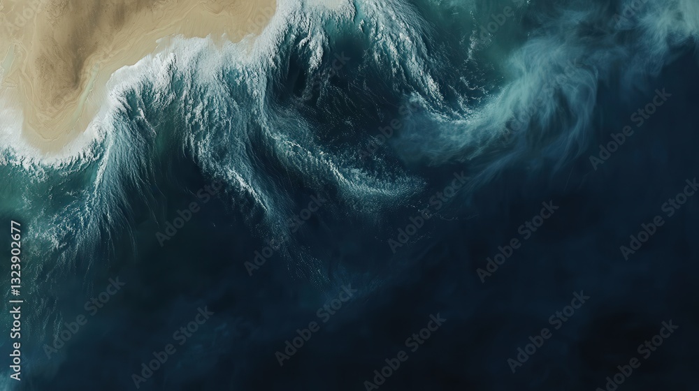 Poster a mesmerizing view of ocean waves, showcasing intricate patterns and deep blue hues contrasting with