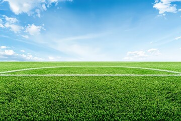 Obraz premium Abstract Minimalist Soccer Field Concept with Vibrant Green Grass and Blue Sky Background