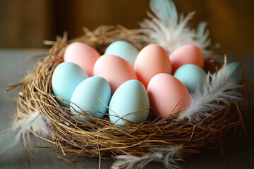 A nest-shaped basket filled with pastel colored Easter eggs. Wooden background and feather decor. Happy Easter