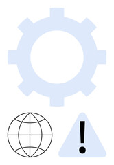 Gear symbolizing settings, globe for global connection, exclamation mark for caution. Ideal for warning, maintenance, technology, globalization, process system notification. Minimal flat simple