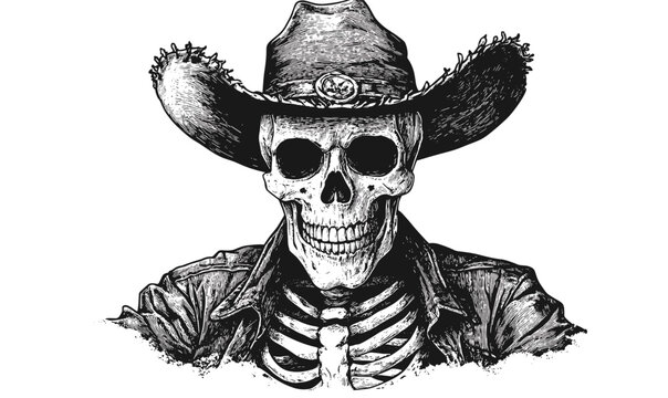 Cowboy skeleton with hat and jacket, flat style, icons set, vector.