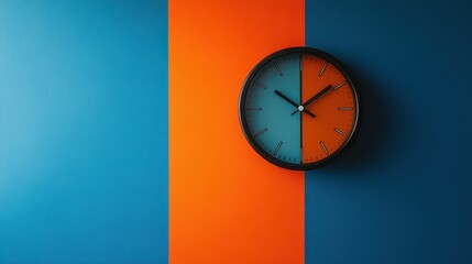 A sleek, minimalist clock, its face a vibrant splash of color against the stark backdrop of a blue and orange wall, stands as a testament to the beauty of simplicity and functionality in modern