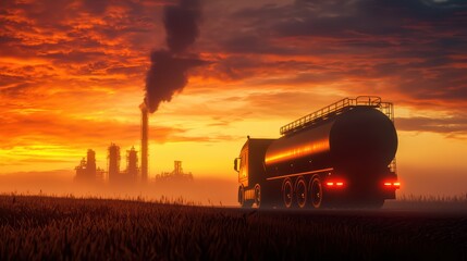 Fototapeta premium Oil Transportation Truck at Sunrise Near Industrial Facility with Smokestacks and Fields