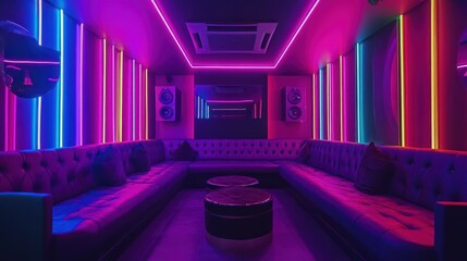 Vibrant nightclub lounge, neon lights, plush seating
