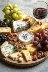 French platter with assorted cheeses, grapes, nuts and a glass of wine