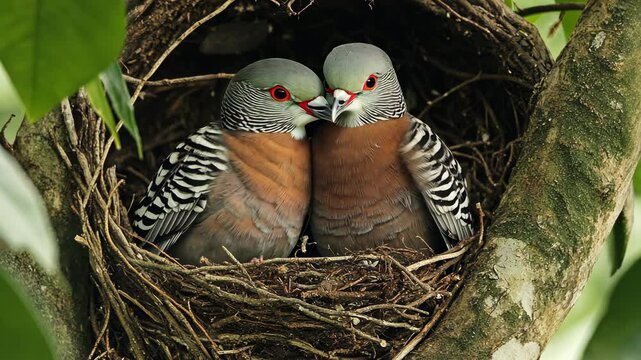 Pair of doves nurturing their young in a cozy nest among green foliage during a sunny afternoon in a serene environment
