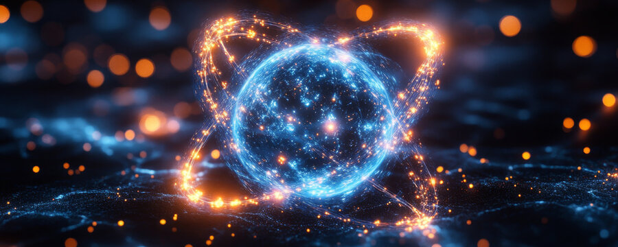 A vivid depiction of quantum physics featuring qubits, superposition, and entanglement, with a blue and orange sphere amid sparkling particles in a cosmic backdrop.
