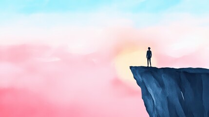 Concept of Personal Growth with Individual Standing on a Mountain Peak Overlooking a Cloudy Sky