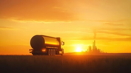 Fototapeta premium Silhouette of a Petroleum Tanker in Front of an Industrial Landscape at Sunset