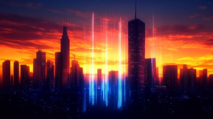 Fototapeta premium Vibrant city skyline at sunset with glowing vertical beams and silhouettes of skyscrapers