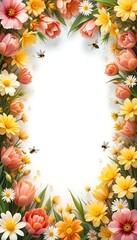 Fototapeta premium Floral Frame of Tulips Daisies and Bees on White Background