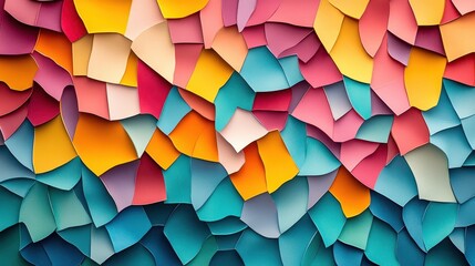 A kaleidoscope of color, where paper sheets, like stained glass windows, danced on a teal backdrop, creating a symphony of hues and forms.