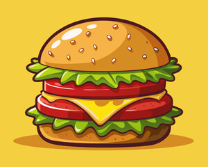 juicy cheeseburger with melted cheese, lettuce, and tomato, on a solid yellow background.
