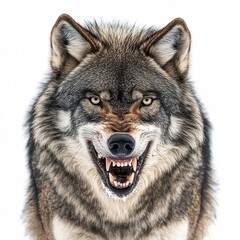 Obraz premium Gray wolf snarling, isolated on white.
