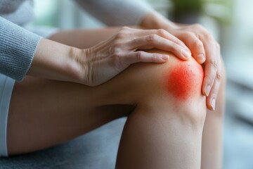 Naklejka premium Woman examines red spot on knee while reflecting on potential health concerns