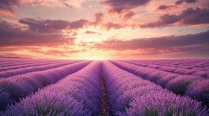 Expansive Lavender Field Under a Vibrant Sunset Sky