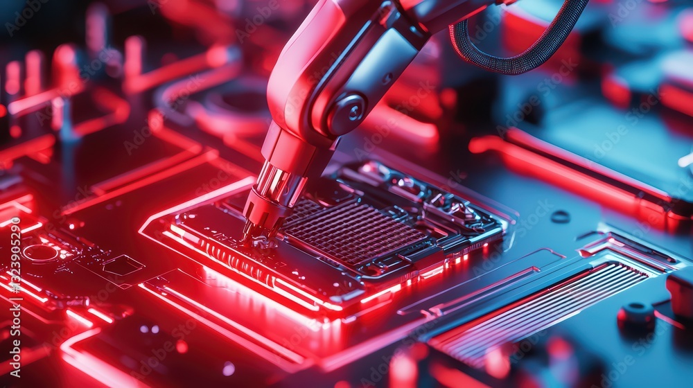 Poster advanced automation concept in smart factory with robotic arm and circuit board technology