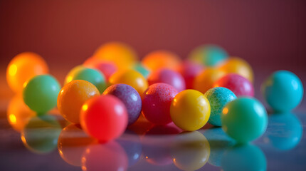 Obraz premium A vibrant assortment of colorful candy-coated gumballs arranged in a perfect circle on a reflective surface, with sugar crystals scattered around. A playful and delicious sweet treat display.
