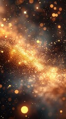 Fototapeta premium Sparkling cosmic background with shimmering golden particles against a dark backdrop, ideal for creating stunning visual effects and designs.