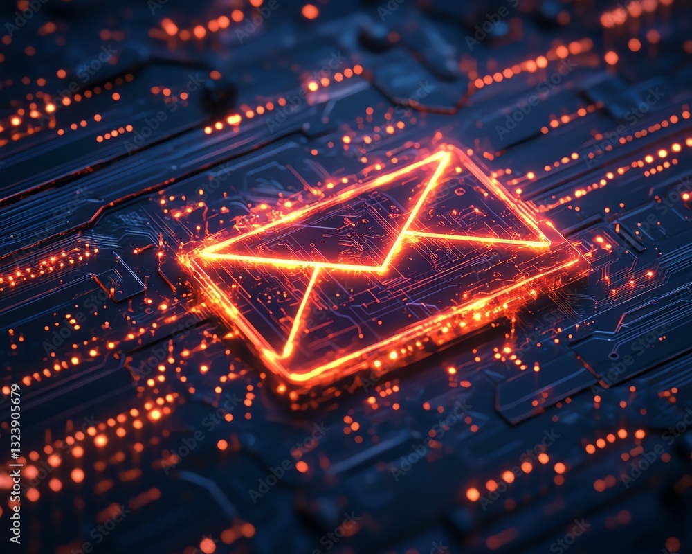 Poster neon email icon on a glowing circuit board background, hightech digital communication, 3d rendering,