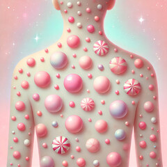 Whimsical Candy Pox. A human back covered in soft, pastel-colored candy-like bumps, resembling a fictional illness called Candy Pox. 