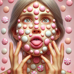 Portrait of Candy Pox. Ayoung woman's face covered in pink and white candy-like bumps, resembling a fictional condition called Candy Pox.