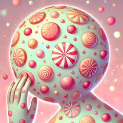 A humanoid figure with a spherical head covered in pink and white candy-like bumps, resembling a fictional illness called Candy Pox.