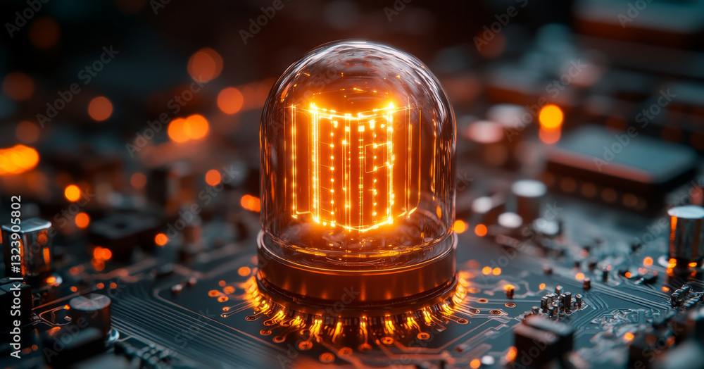 Poster A qubit is depicted under a glass dome, glowing with intricate patterns, situated on a complex circuit board.