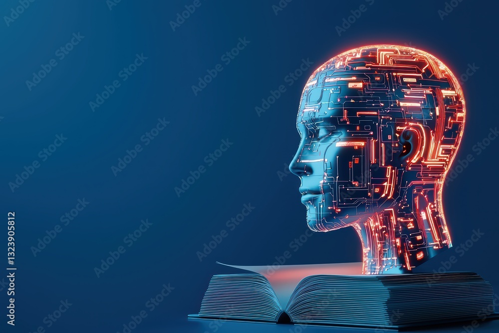 Poster smart study concept featuring ai driven assistant with bright circuit patterns emerging from book