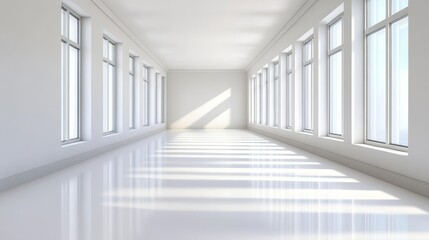 Fototapeta premium Bright, spacious interior of a modern room with large windows casting shadows on the floor