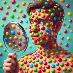 Surreal Candy Overload – Vibrant Psychedelic Art. This unique and psychedelic artwork represents themes of sugar addiction, fantasy, surrealism, and sensory overload, making it perfect for conceptual 