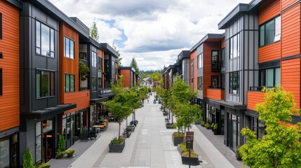 Modern mixed use development with retail and residential units. Contemporary architecture, pedestrian friendly street, and landscaping.